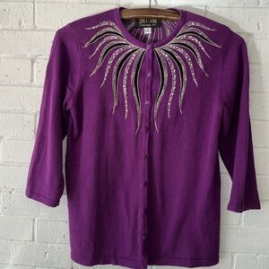 Bob Mackie Wearable Art Cardigan Sweater XS Beaded Sequined Mardii Gras Purple.
